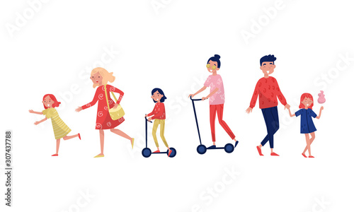 Parent Characters Walking with Their Children Vector Illustrations. Young Mother and Her Daughter Riding Scooter