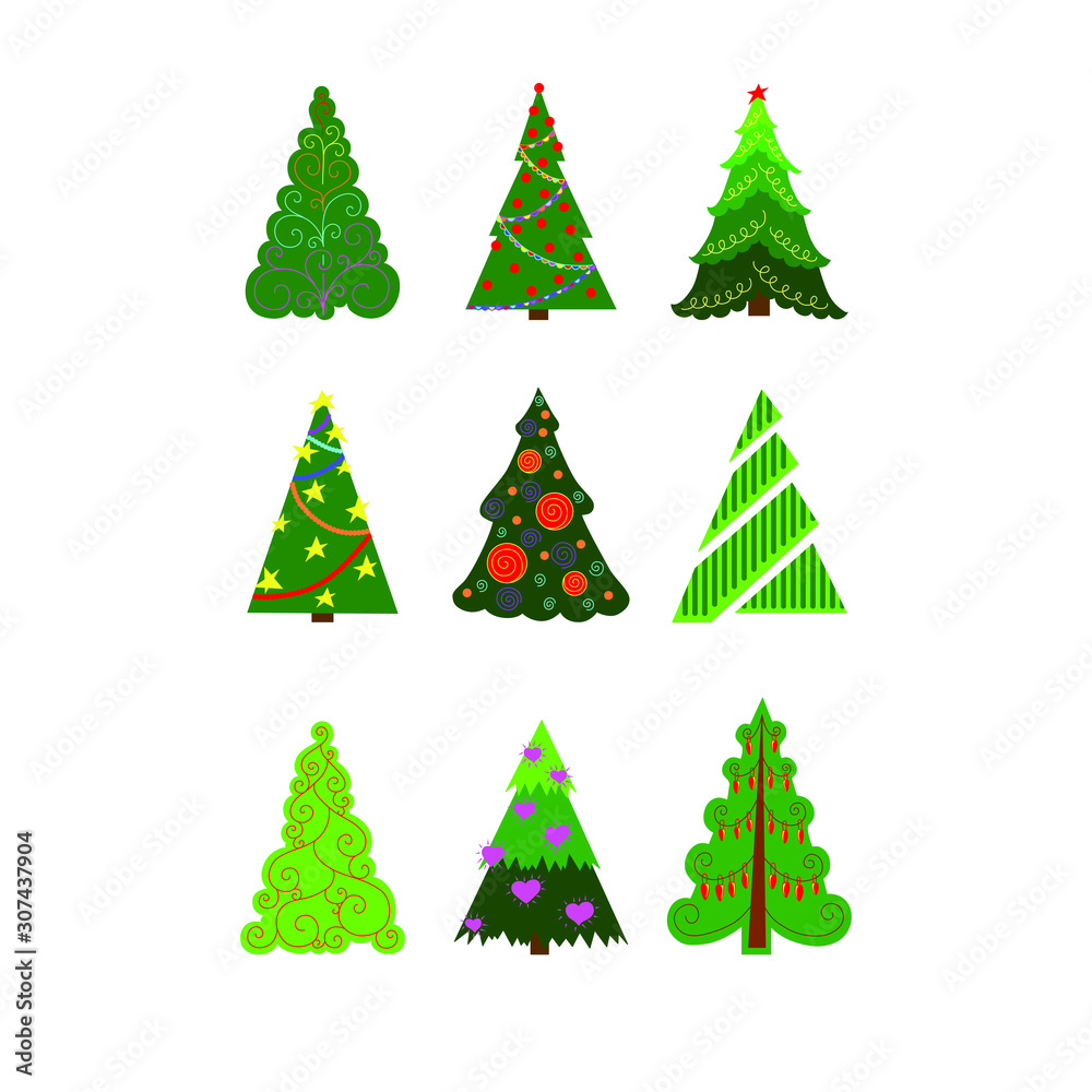 Set of cartoon funny christmas trees. Nine conifers decorated for the new year. Multicolored isolated vector fir on a white background. Design for stickers, icons, cards, logo, print.