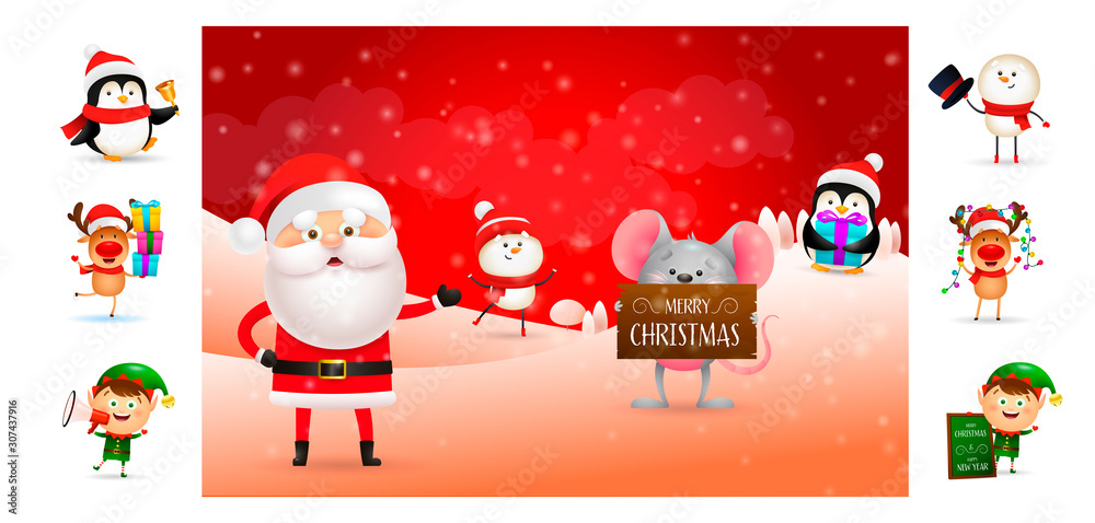 Fototapeta premium Merry Christmas banner with Santa and his helpers. Text with decorations can be used for invitation and greeting card. New Year concept