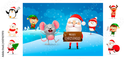 Merry Christmas banner with Santa holding wooden sign with Text. Text with decorations can be used for invitation and greeting card. New Year concept