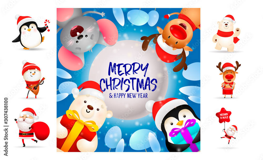 Merry Christmas card on blue background. Text with decorations can be used for invitation and greeting card. New Year concept