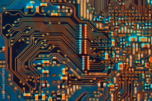 Electronic circuit board close up.