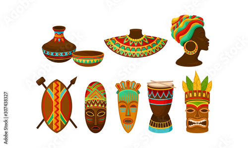 Authentic Tribal African Attributes Vector Set. African Traditions and Culture Concept