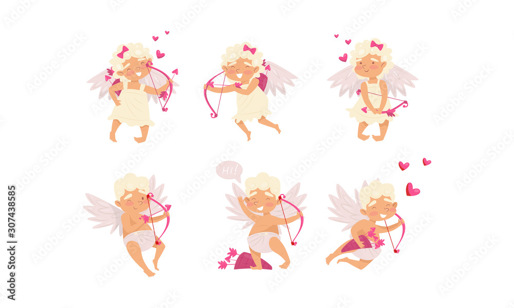 Collection of Cute Cupid Boys and Girls in Different Actions, Adorable Cherubs Shooting with Bow and Arrows Surrounded with Pink Hearts Vector Illustration