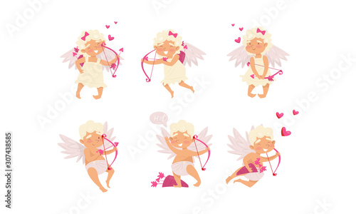 Collection of Cute Cupid Boys and Girls in Different Actions, Adorable Cherubs Shooting with Bow and Arrows Surrounded with Pink Hearts Vector Illustration