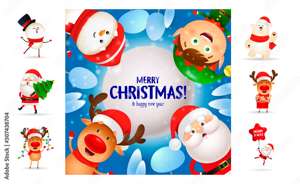 Merry Christmas card with funny cartoon characters. Text with decorations can be used for invitation and greeting card. New Year concept Merry Christmas card with funny cartoon characters. Text with decorations can be used for invitation and greeting card. New Year concept
