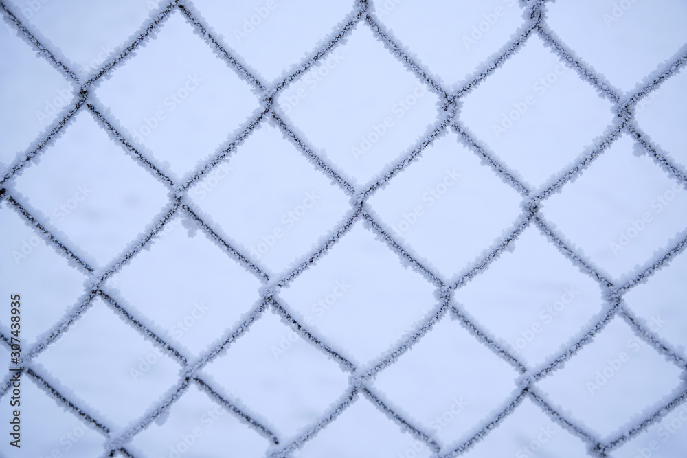 Fototapeta premium Mesh netting covered with frost after heavy fog and frost.
