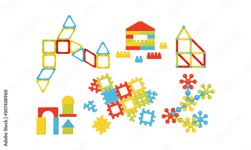 Children Toys Collection, Colorful Magnetic Constructor and Building Blocks, Educational Game for Kids Vector Illustration