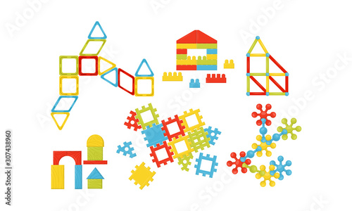 Fototapeta Naklejka Na Ścianę i Meble -  Children Toys Collection, Colorful Magnetic Constructor and Building Blocks, Educational Game for Kids Vector Illustration