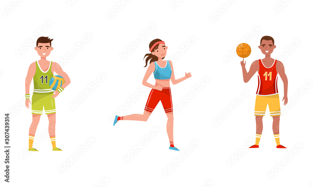 People Performing Various Sports Activities Set, Male and Female Athletes Playing Basketball, Volleyball, Running, Vector Illustration