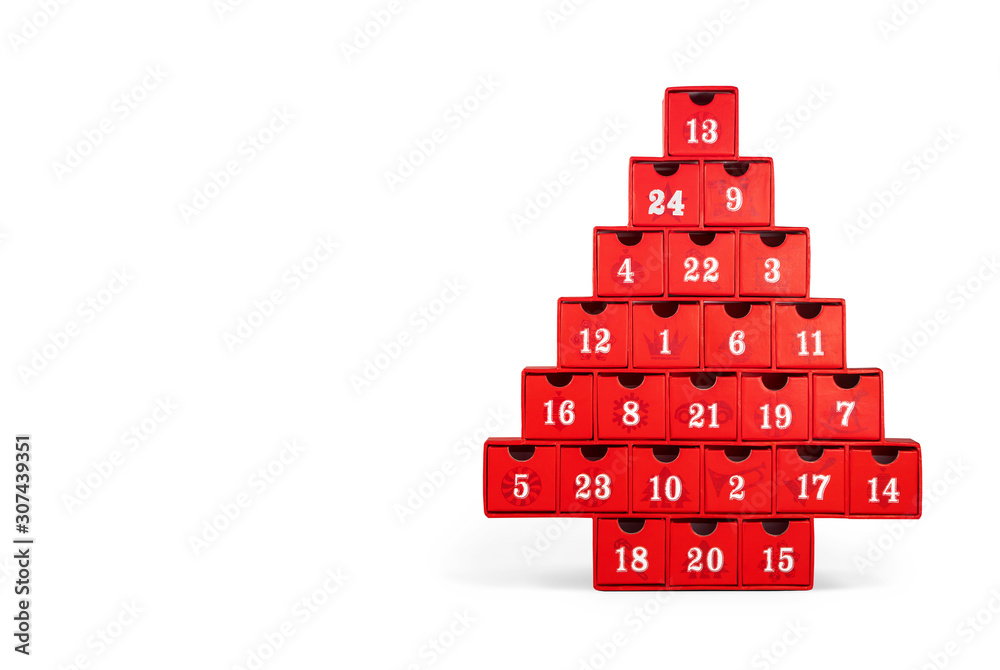 Isolated advent calendar.  Red Christmas tree made cardboard with white numbers. All numbers visible. 
