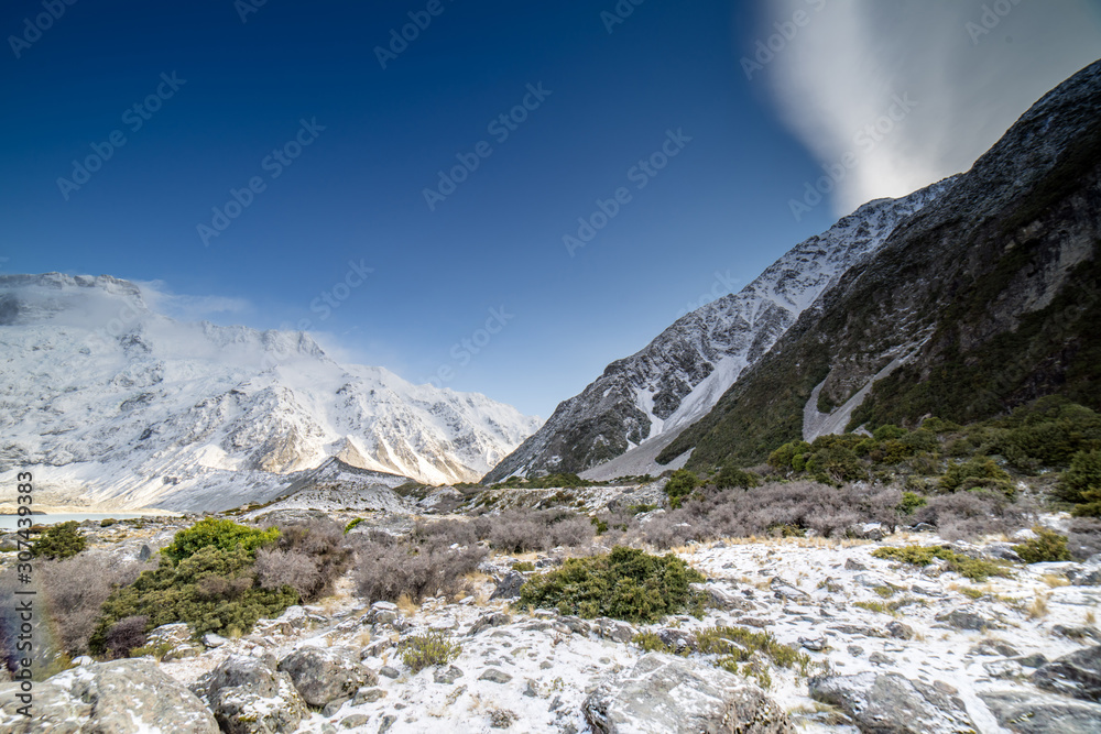 Amazing view at Hooker Valley track in Mount Cook, New Zealand.