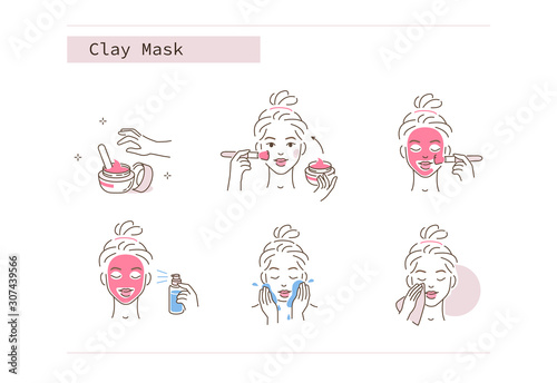 Beauty Girl Take Care of her Face and Use Facial Clay Mask. Woman Making Skincare Procedures. Skin Care Routine, Hygiene and Moisturizing Concept. Flat Cartoon Vector Illustration and Icons set.