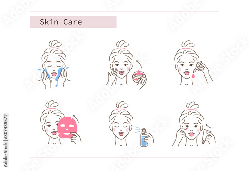 Beauty Girl Take Care of her Face and Use Facial Beauty Products. Woman Making Skincare Procedures. Skin Care Routine, Hygiene and Moisturizing Concept. Flat Vector Illustration and Icons set.