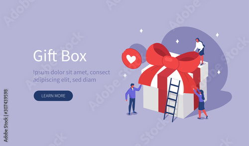 People Characters Preparing Carton Gift Package for Holidays. Woman and Man Packing Present and Decorating with Ribbon and Bow. Surprise Gift Box Concept. Flat Isometric Vector Illustration.