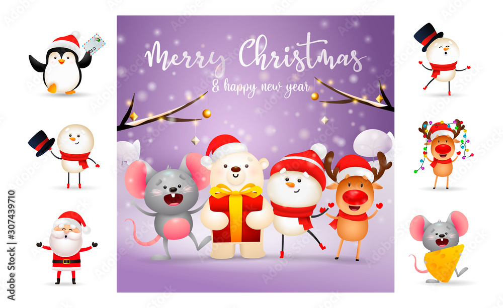 Fototapeta premium Merry Christmas greeting card on purple background. Text with decorations can be used for invitation and greeting card. New Year concept