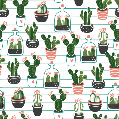 Cute Flowers in pots on white background. House plants. Seamless background pattern. Vector illustration for textile print, wallpaper, wrapping paper. 