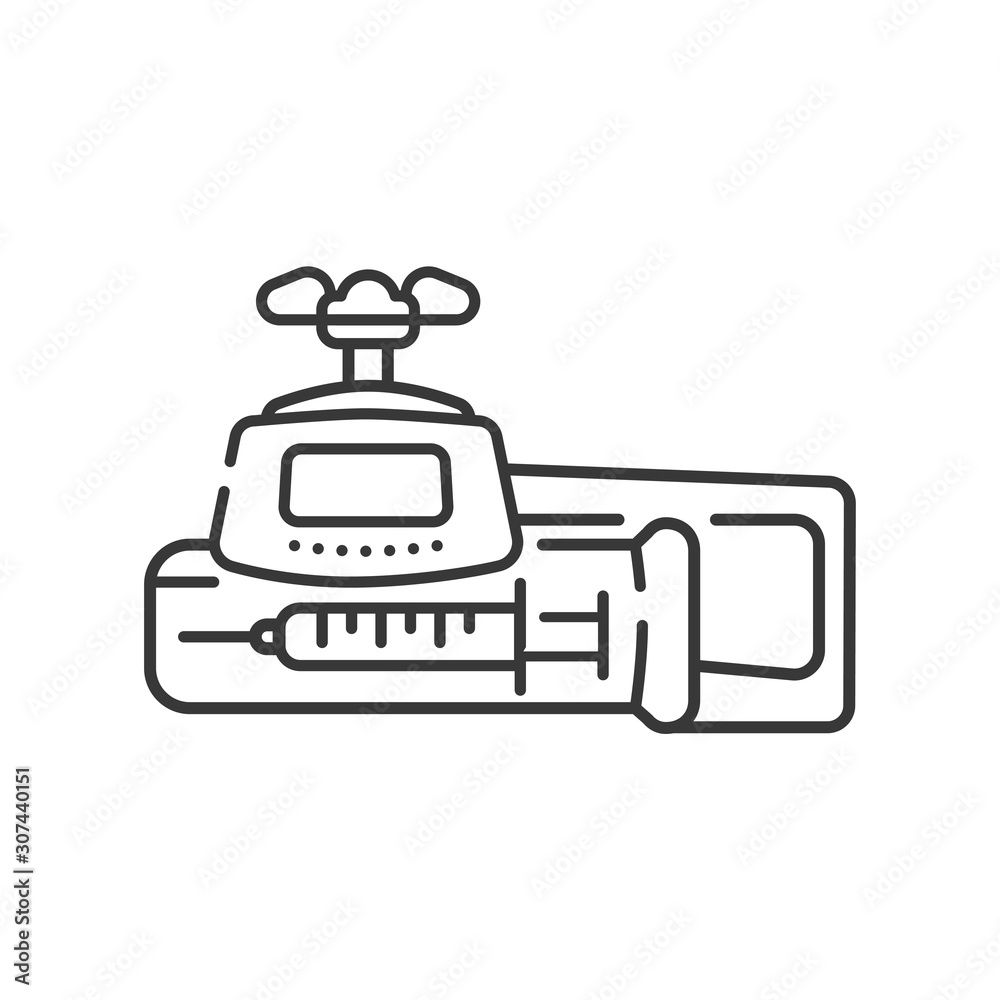 Syringe pump line black icon. Infusion device concept. Intensive therapy. Sign for web page, mobile app. Vector isolated element. Editable stroke. Syringe pump line black icon. Infusion device concept. Intensive therapy. Sign for web page, mobile app. Vector isolated element. Editable stroke.
