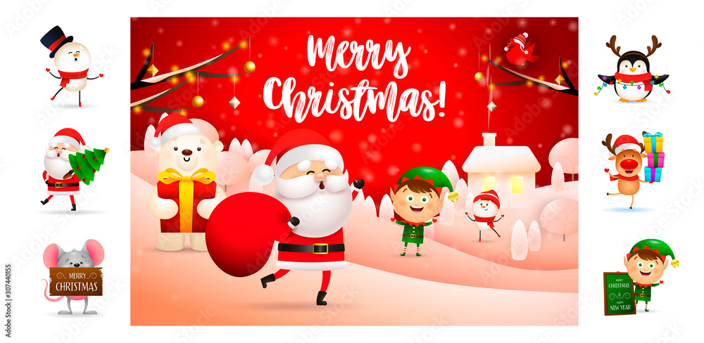 Merry Christmas greeting postcard with Santa Claus. Text with decorations can be used for invitation and greeting card. New Year concept Merry Christmas greeting postcard with Santa Claus. Text with decorations can be used for invitation and greeting card. New Year concept