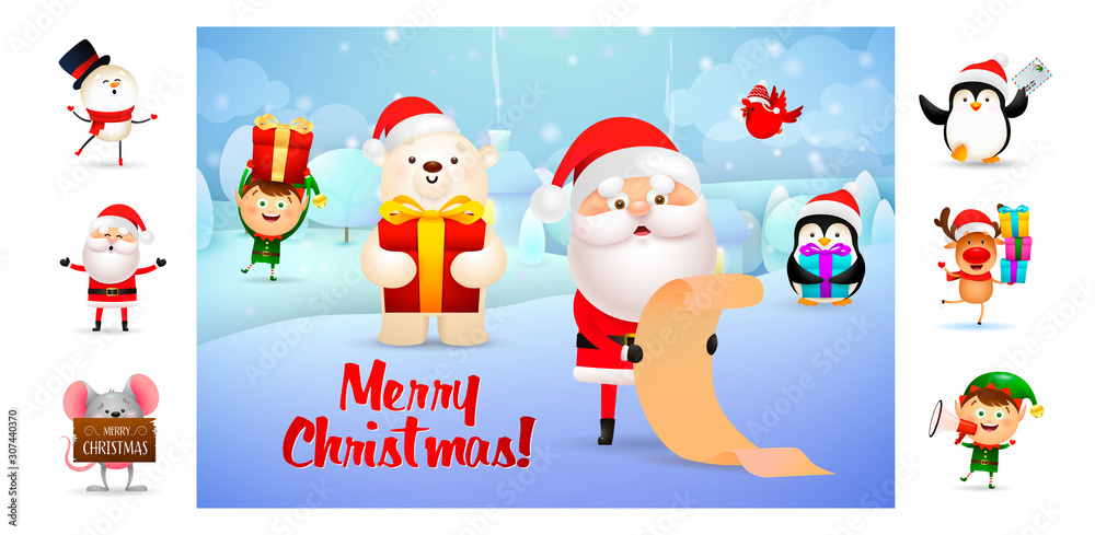 Merry Christmas postcard with cartoon Santa Claus. Text with decorations can be used for invitation and greeting card. New Year concept