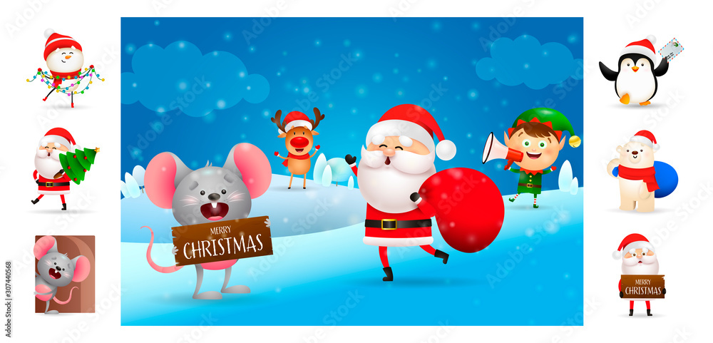 Fototapeta premium Merry Christmas postcard with Santa Claus and helpers. Text with decorations can be used for invitation and greeting card. New Year concept