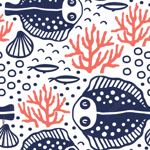 Underwater pattern design. Seamless pattern with flounder fishes. Great for fabric, textile, wrapping paper. Vector Illustration.