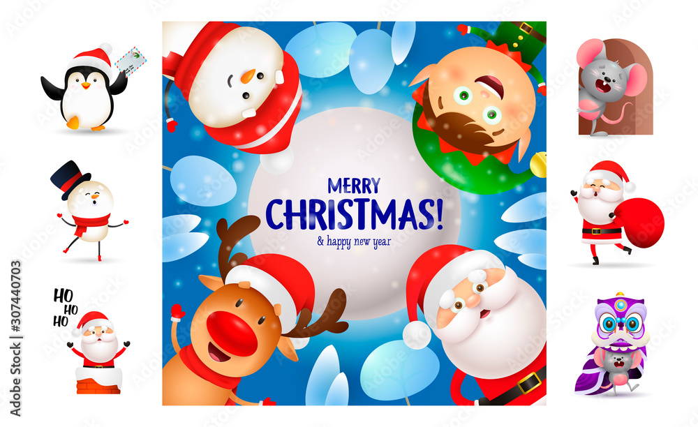 Fototapeta premium Merry Christmas postcard with smiling cartoon characters. Text with decorations can be used for invitation and greeting card. New Year concept
