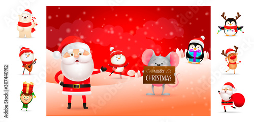 Merry Christmas poster with cartoon Santa and helpers. Text with decorations can be used for invitation and greeting card. New Year concept