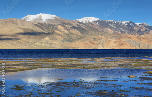 Reflection of Tso Moriri lake in Rupshu valley with Chamser and Lungser Kangri peaks at background in Ladakh  India