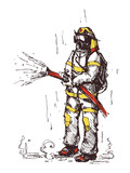 Fireman with a hosepipe. 4th May will be Firefighters’ Day. Ink hand drawn illustration. Vintage sketch style.