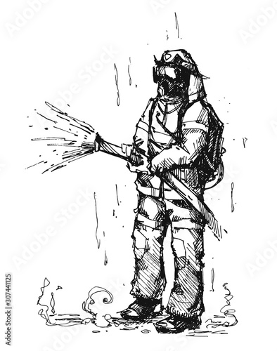 Fireman with a hosepipe. 4th May will be Firefighters’ Day. Ink hand drawn illustration. Vintage sketch style.