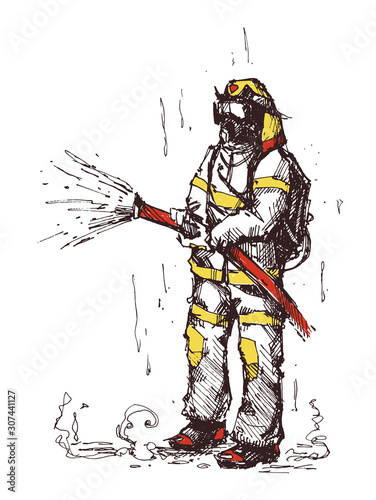 Fireman with a hosepipe. 4th May will be Firefighters’ Day. Ink hand drawn illustration. Vintage sketch style.
