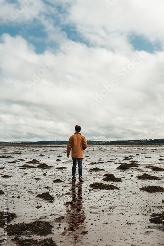 Back view of solitary person walking along wet beach among marine algae left during low tide against blurred horizon and cloudy sky in daytime photo