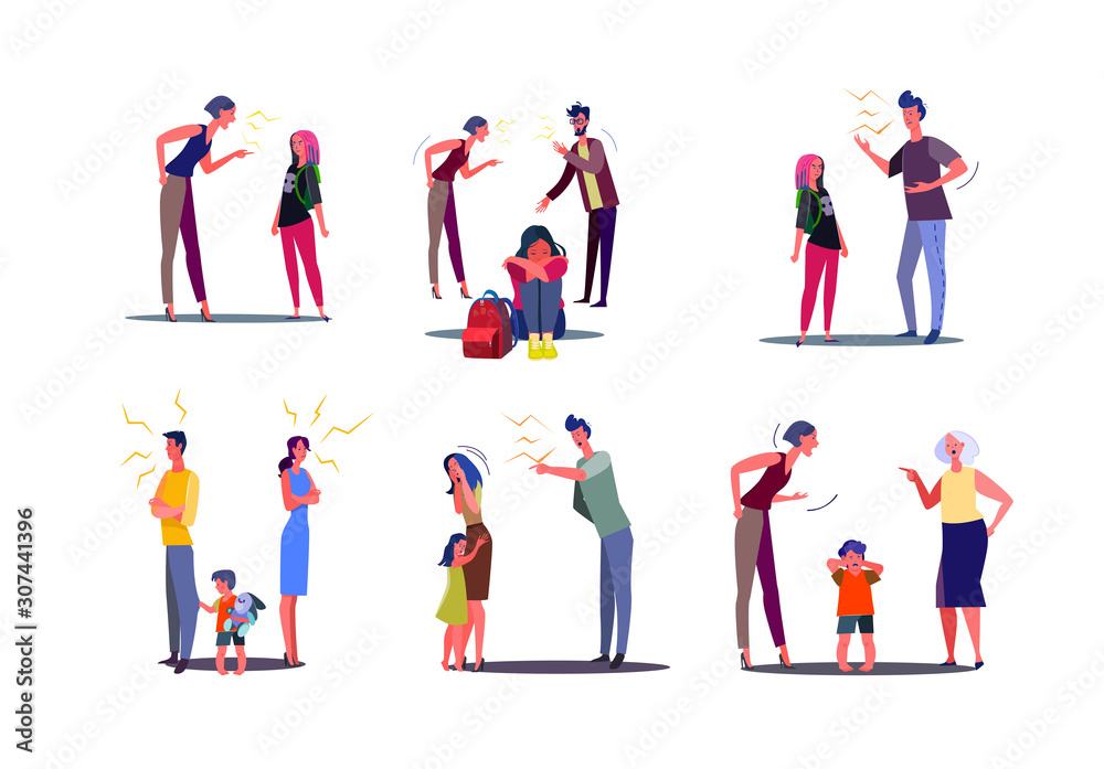Set of angry people having conflict with wife, husband and child. Men and women arguing and shouting at spouses in presence of unhappy crying kid. Family relationship problem flat vector illustration