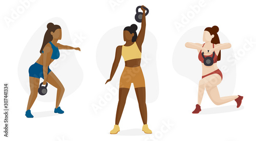 Female Crossfit Athlete Character Icon Set, Multicultural Diversity Concept