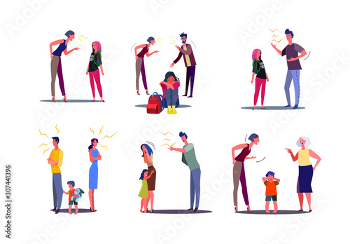 Set of angry people having conflict with wife, husband and child. Men and women arguing and shouting at spouses in presence of unhappy crying kid. Family relationship problem flat vector illustration