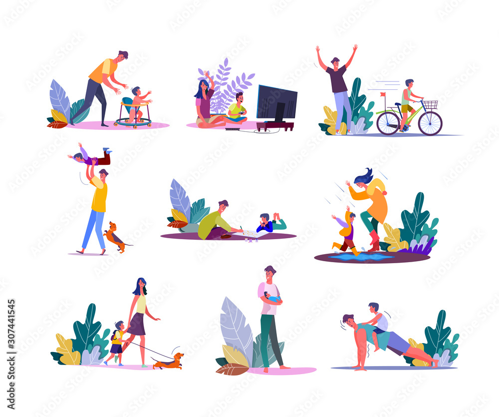 Set of parents enjoying parenting and walking with children. Fathers and mothers people playing, painting, doing sports together with daughters and sons kids. Family leisure flat vector illustration
