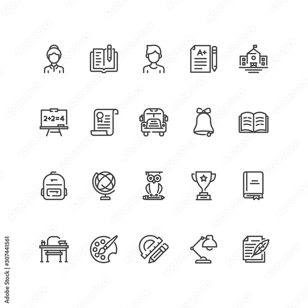 Set of school and education icons in line style.