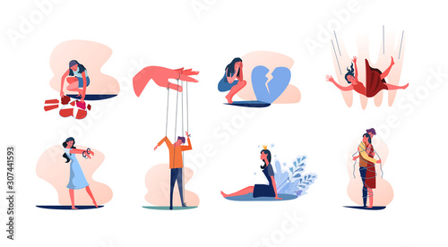 Set of people with mental problems. Women and men suffering from breakup, love addiction, megalomania, psychological manipulation and dependency. Mental disorders metaphors flat vector illustration photo
