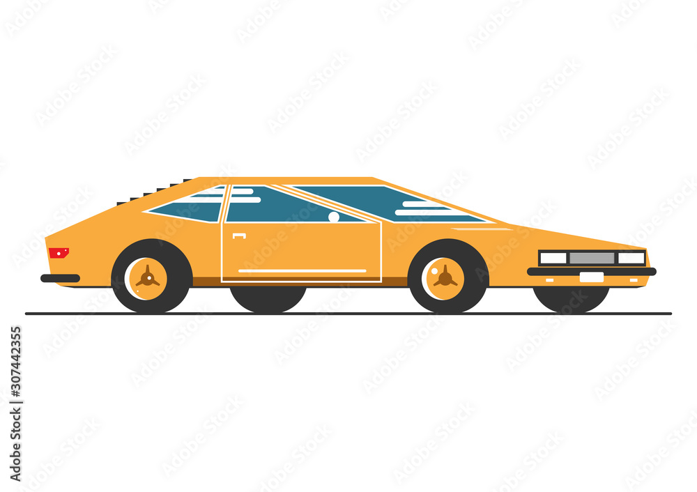 Sports car. A simplified racing car on a white background. Side view. Flat vector.