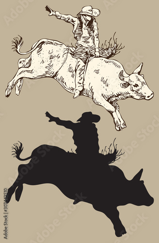 Print cowboy riding a wild horse mustang rounding a kicking horse on a rodeo graphic sketch sketching graphics