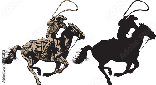  cowboy riding a wild horse mustang rounding a kicking horse on a rodeo graphic sketch sketching graphics