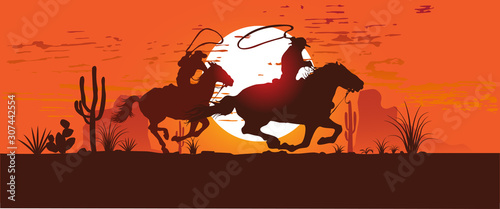 vector image of a cowboy riding a horse riding through the desert in the sun
