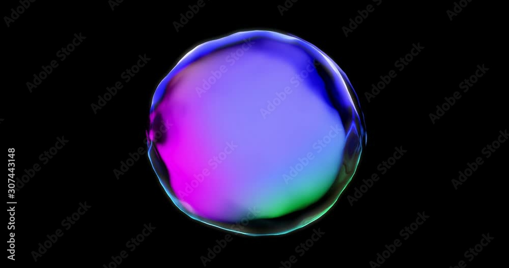 Soap bubble with iridescent chromatic surface transparent isolated on black background. Pink and blue color gradient water drop and soap bubble sphere
