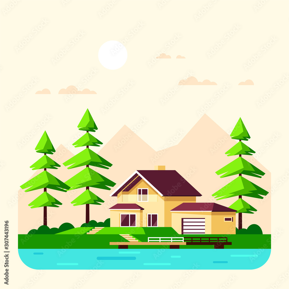 Family cottage house in the forest, Flat design illustration.