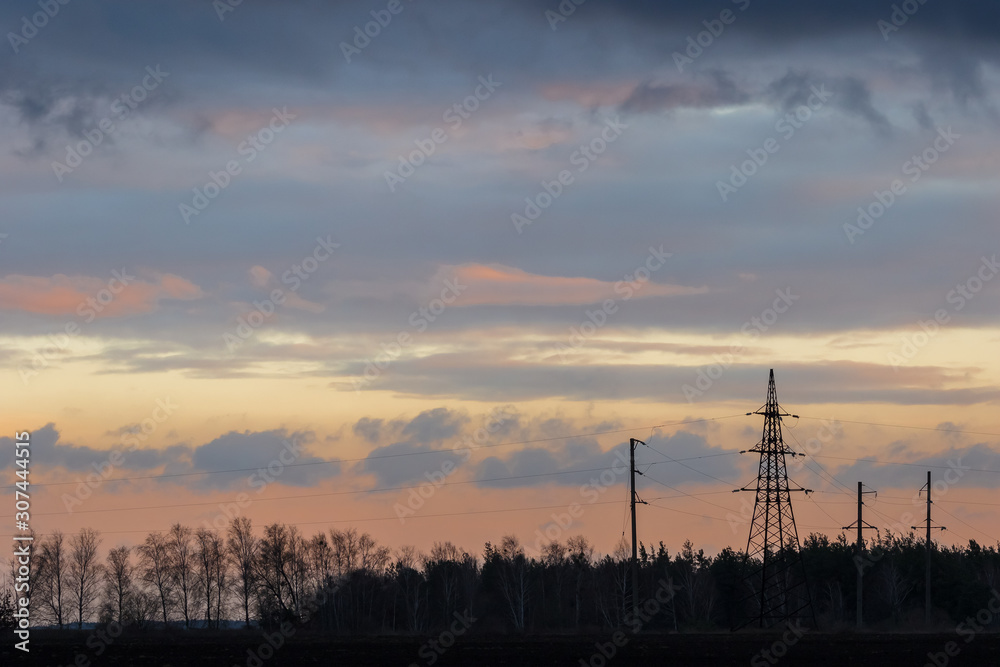Silhouettes of trees, power lines at sunset on a winter evening. Silhouettes of trees, power lines at sunset on a winter evening.