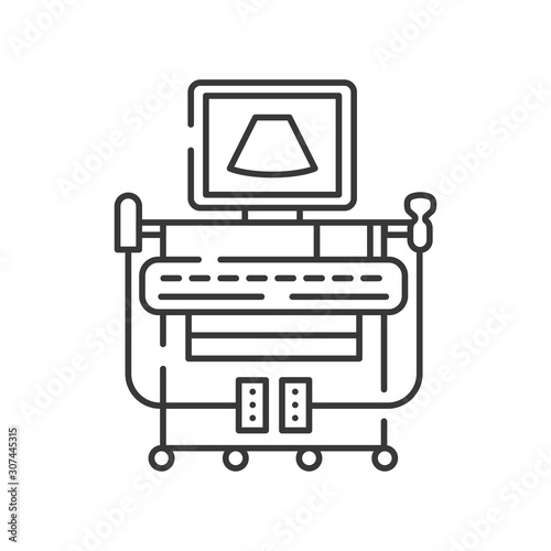 Digital ultrasonic diagnostic system line black icon. Examination of the abdominal cavity concept. Sign for web page, mobile app. Vector isolated element. Editable stroke.