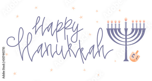 Happy Hanukkah greeting card template with handwritten lettering, menorah and dreidel. Hand drawn flat vector illustration.