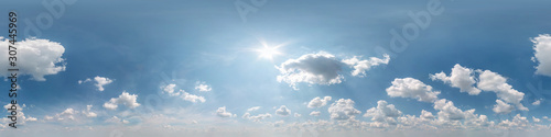 blue sky with beautiful cumulus clouds. Seamless hdri panorama 360 degrees angle view with zenith for use in 3d graphics or game development as sky dome or edit drone shot