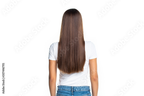Rear view of Young woman portrait of teen girl beautiful cheerful enjoying with long brown hair and clean skin on white background
